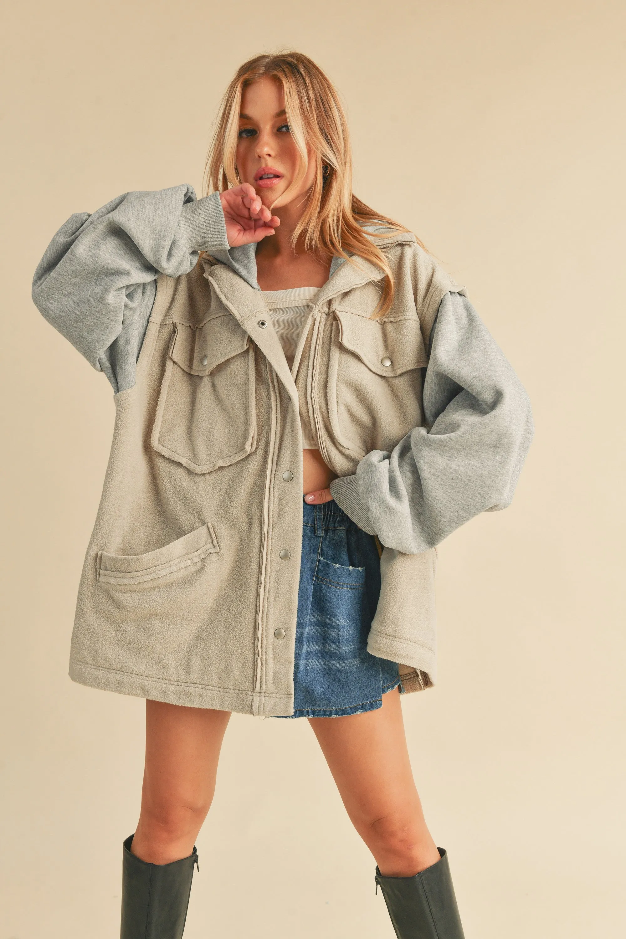 Snap Down Oversized Contrast Hooded Jacket
