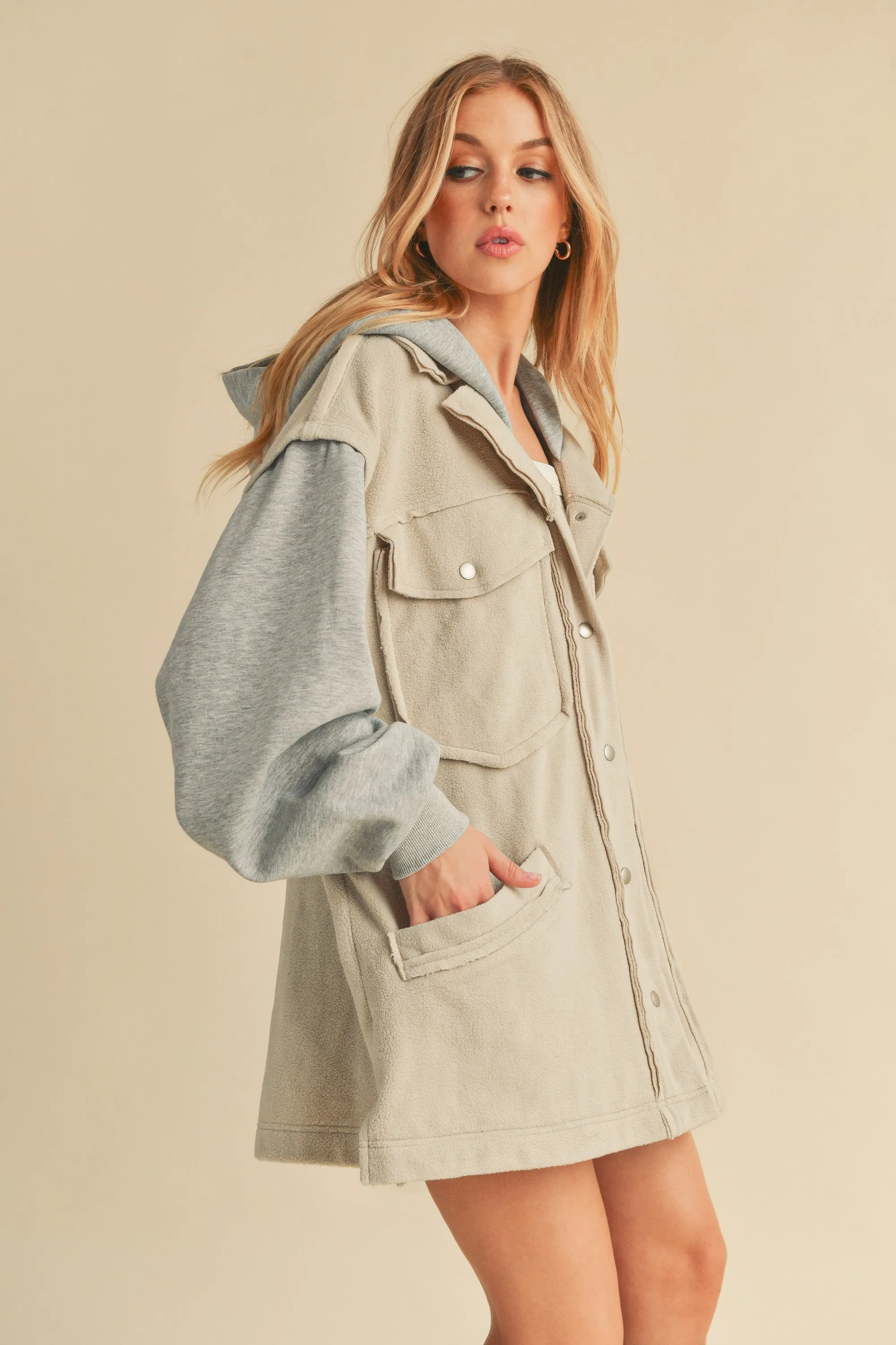 Snap Down Oversized Contrast Hooded Jacket