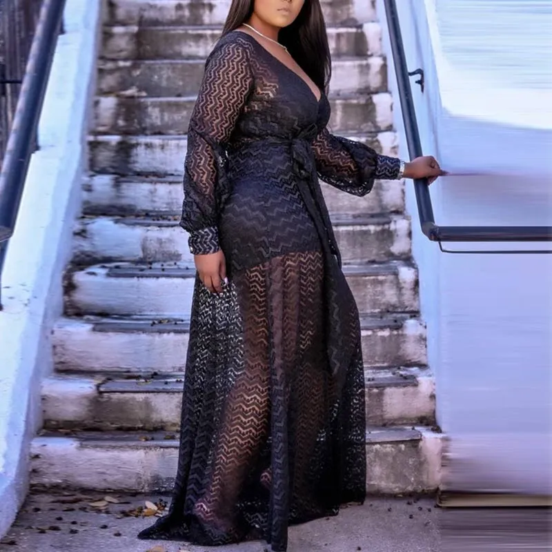 Solid Deep V-Neck Long Sleeve Two Piece Dress Set