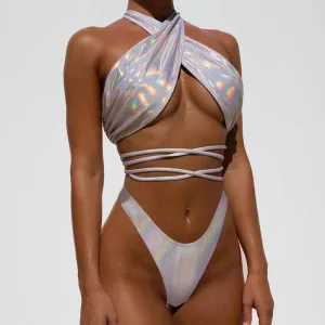 Solid Halter Bandage Two Piece Swimsuit Set