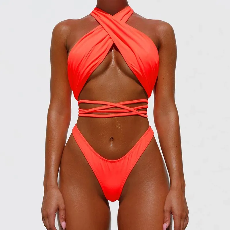 Solid Halter Bandage Two Piece Swimsuit Set
