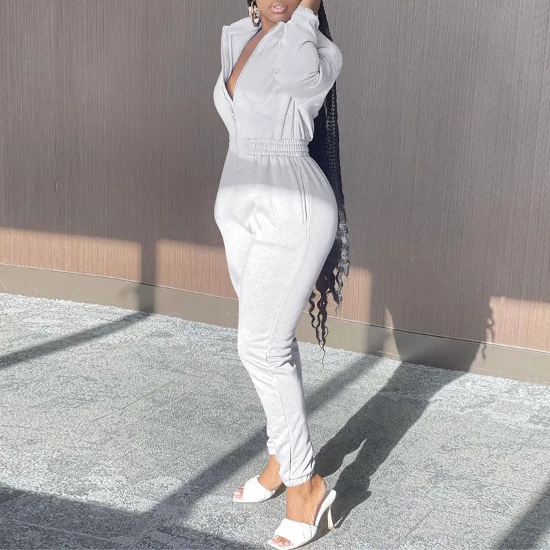 Solid Long Sleeve Zipper Design Jumpsuit