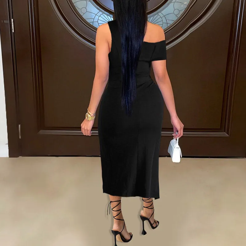 Solid One Shoulder High Split Party Dress