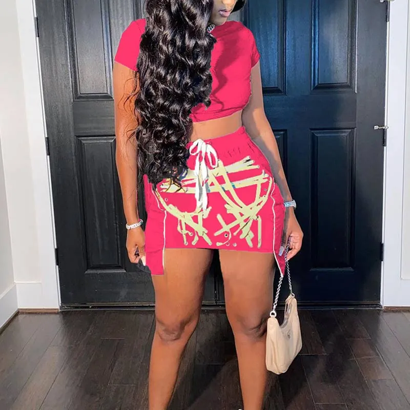 Solid Short Sleeve Crop Top & Bandage Skirt Set