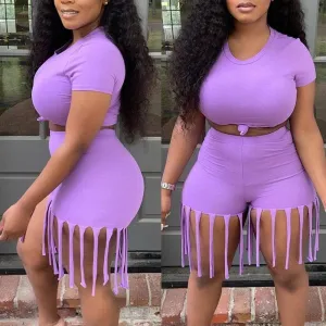Solid Short Sleeve Crop Top & Tassel Design Shorts Set