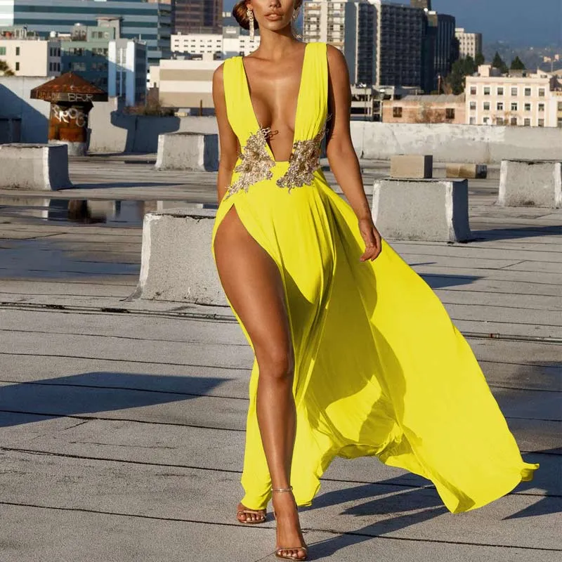 Solid Sleeveless Deep V-Neck High Slit Maxi Dress