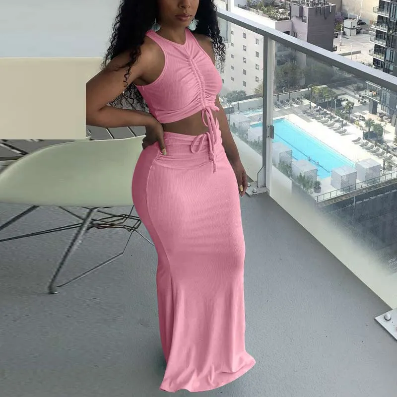Solid Sleeveless Drawstring Crop Top & Skirt Set