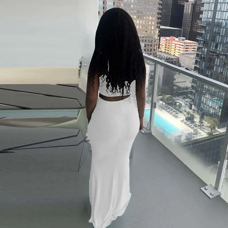 Solid Sleeveless Drawstring Crop Top & Skirt Set