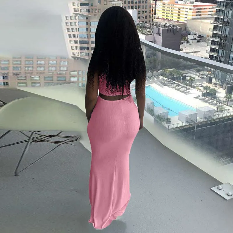 Solid Sleeveless Drawstring Crop Top & Skirt Set
