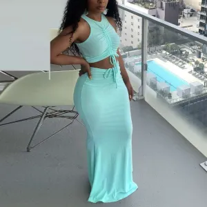Solid Sleeveless Drawstring Crop Top & Skirt Set