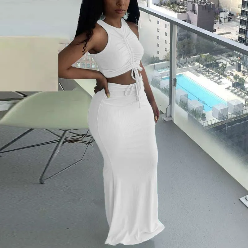 Solid Sleeveless Drawstring Crop Top & Skirt Set