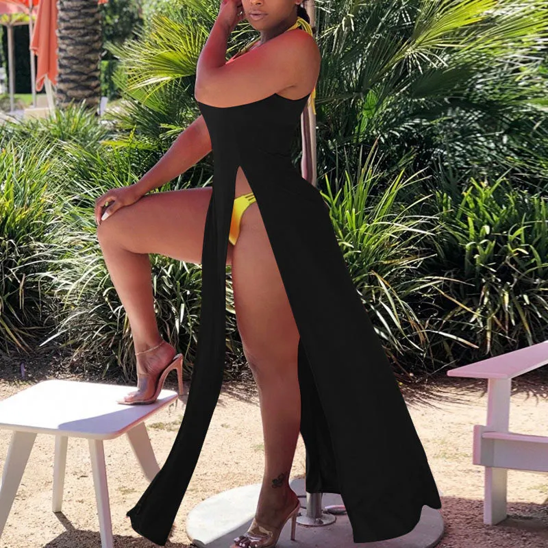 Solid Sleeveless High Split Maxi Boho Cover-Up Dress