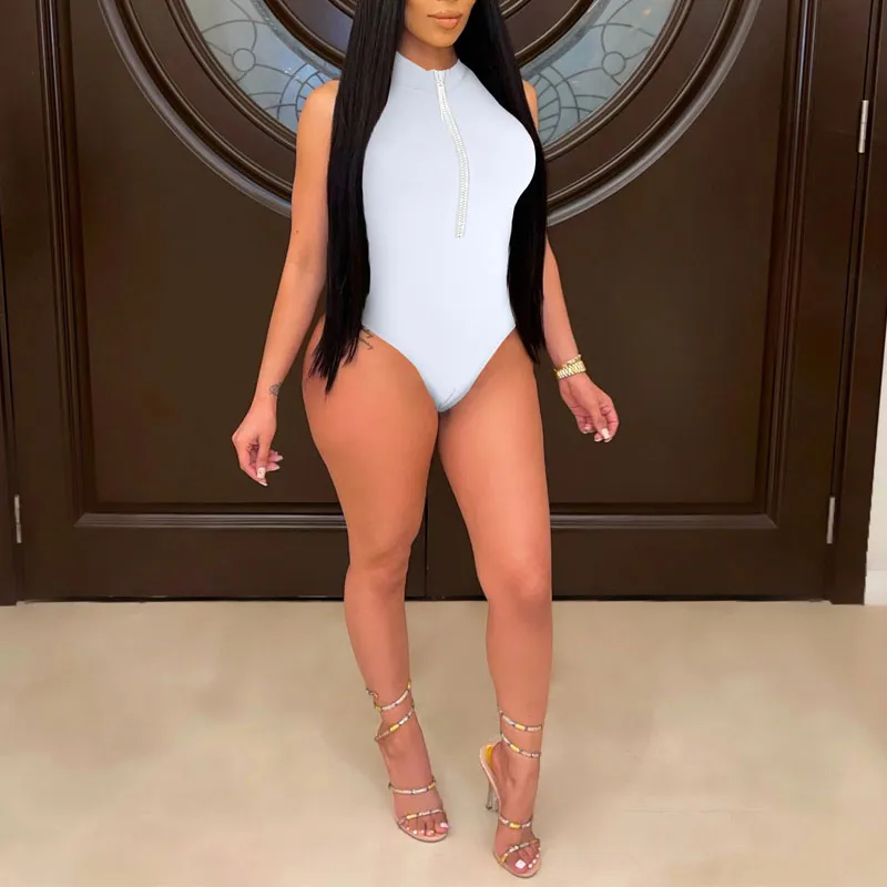 Solid Sleeveless Zipper Design Bodysuit