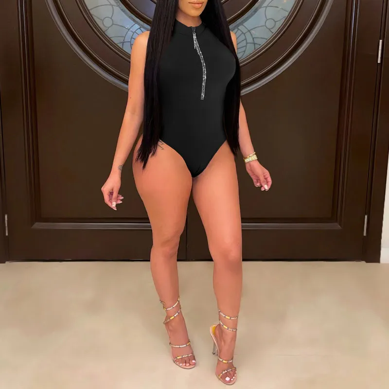 Solid Sleeveless Zipper Design Bodysuit