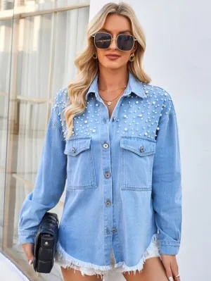 Sollie Pearl Detail Pocketed Button Up Denim Jacket