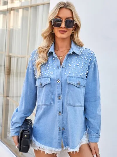 Sollie Pearl Detail Pocketed Button Up Denim Jacket