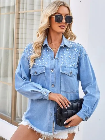 Sollie Pearl Detail Pocketed Button Up Denim Jacket