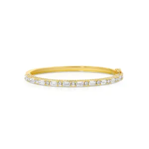 Sterling Silver 14K Gold Plated Bangle with Baguette & Round Stones