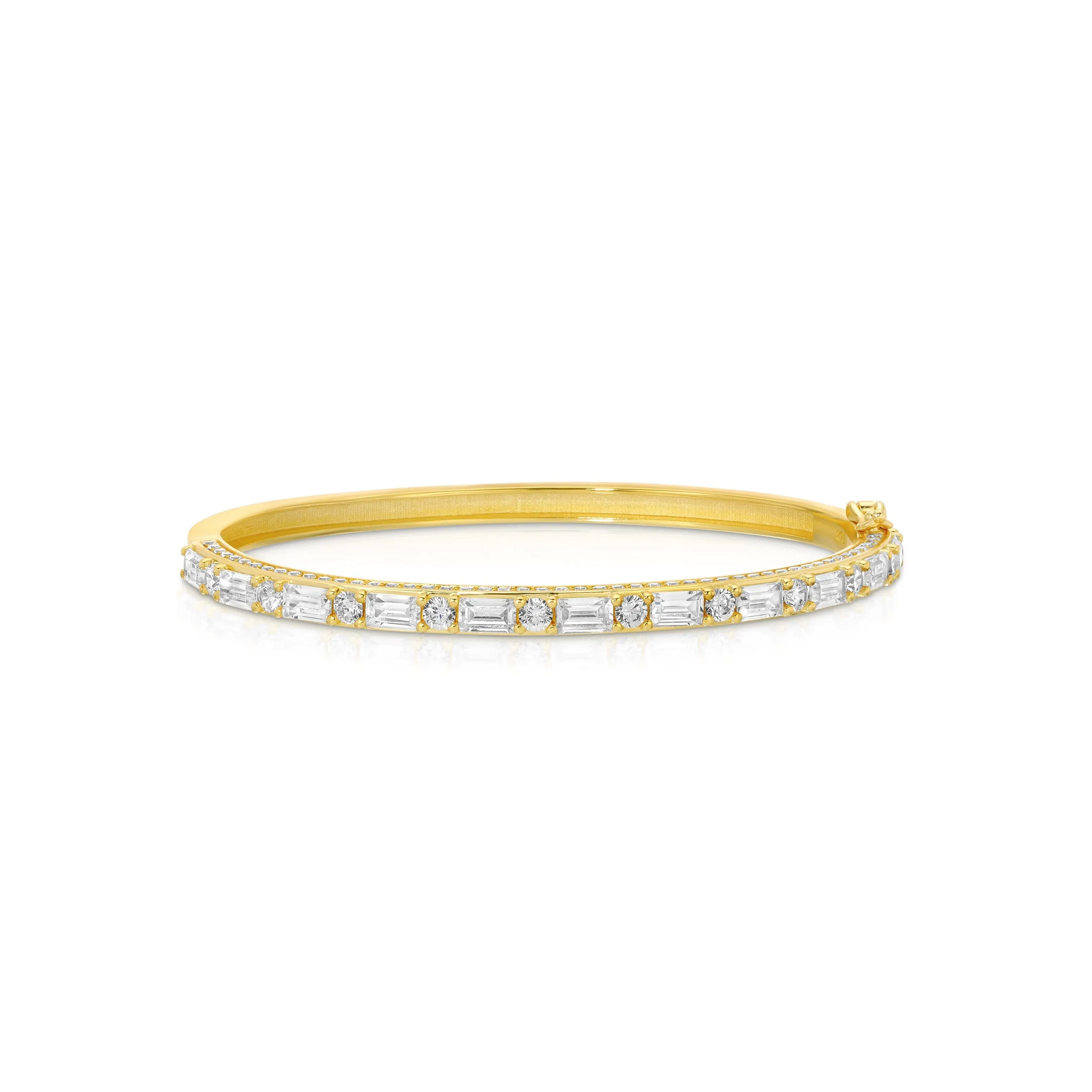 Sterling Silver 14K Gold Plated Bangle with Baguette & Round Stones