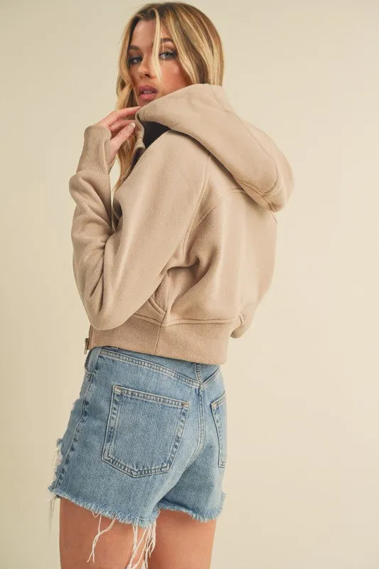 Tan Zip Up Raglan Sleeve Cropped Hoodie