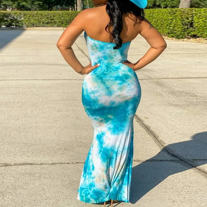Tie Dye Off Shoulder Bodycon Maxi Dress