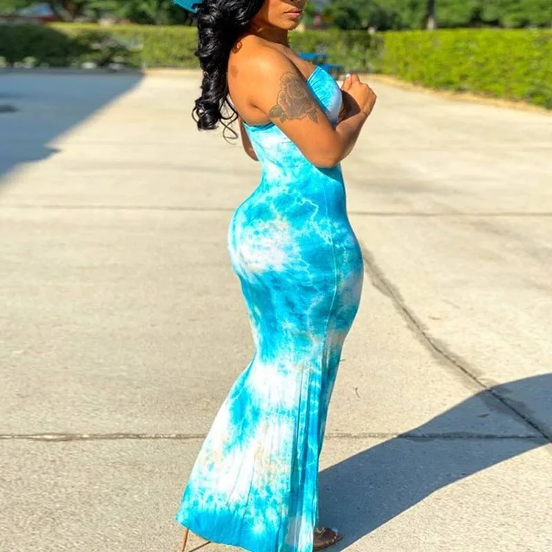Tie Dye Off Shoulder Bodycon Maxi Dress