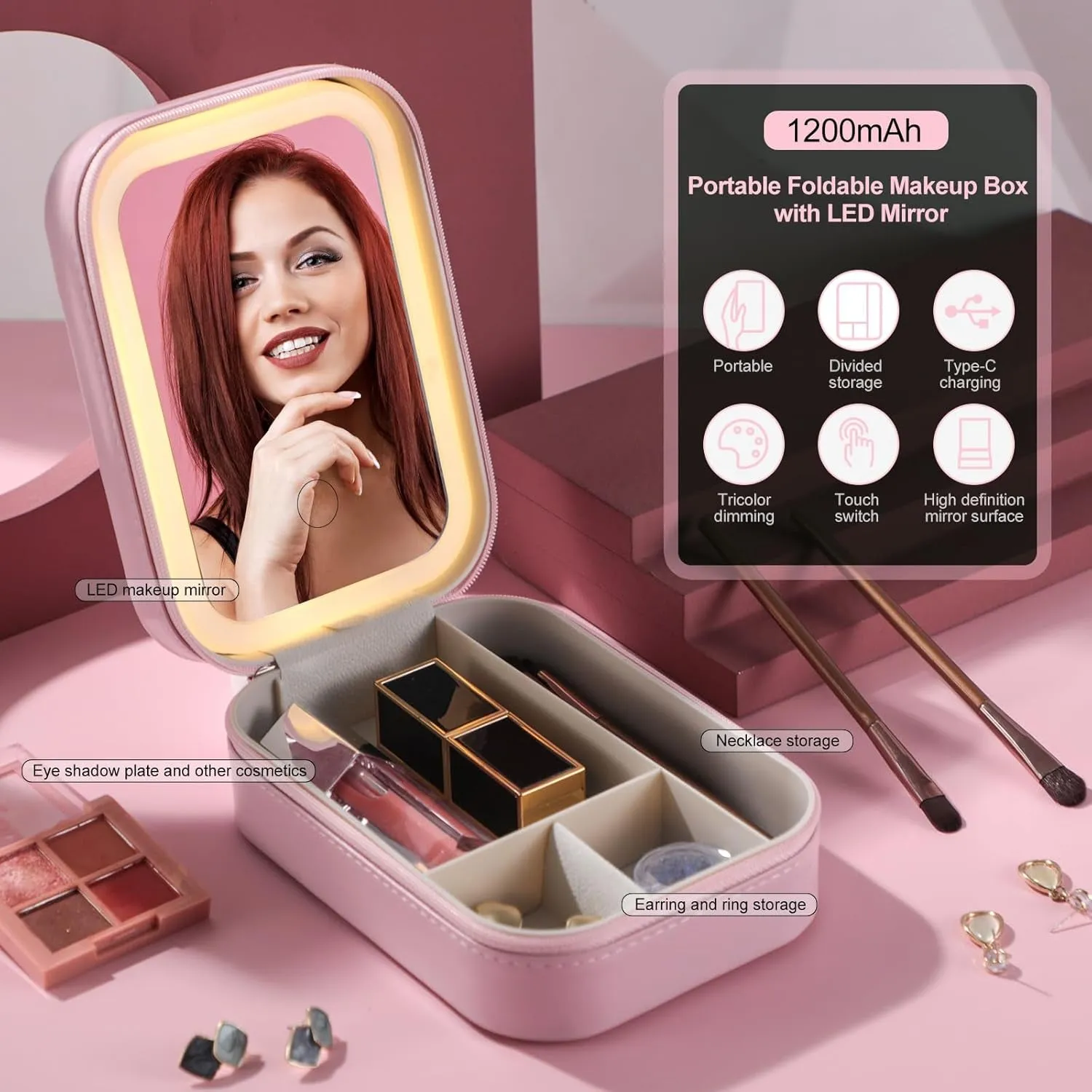 Travel Cosmetic Mirror Case LED Makeup Mirror Storage Case for Eyelash Station Makeup Brushes Cosmetic Tools Pink On-The-Go Makeup Needs (Pink)