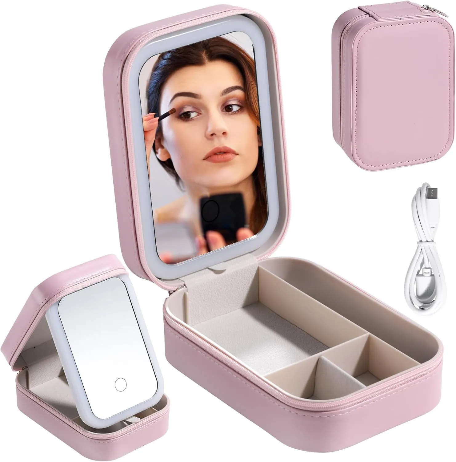 Travel Cosmetic Mirror Case LED Makeup Mirror Storage Case for Eyelash Station Makeup Brushes Cosmetic Tools Pink On-The-Go Makeup Needs (Pink)