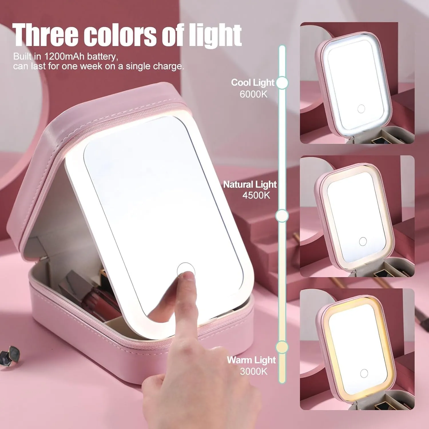 Travel Cosmetic Mirror Case LED Makeup Mirror Storage Case for Eyelash Station Makeup Brushes Cosmetic Tools Pink On-The-Go Makeup Needs (Pink)