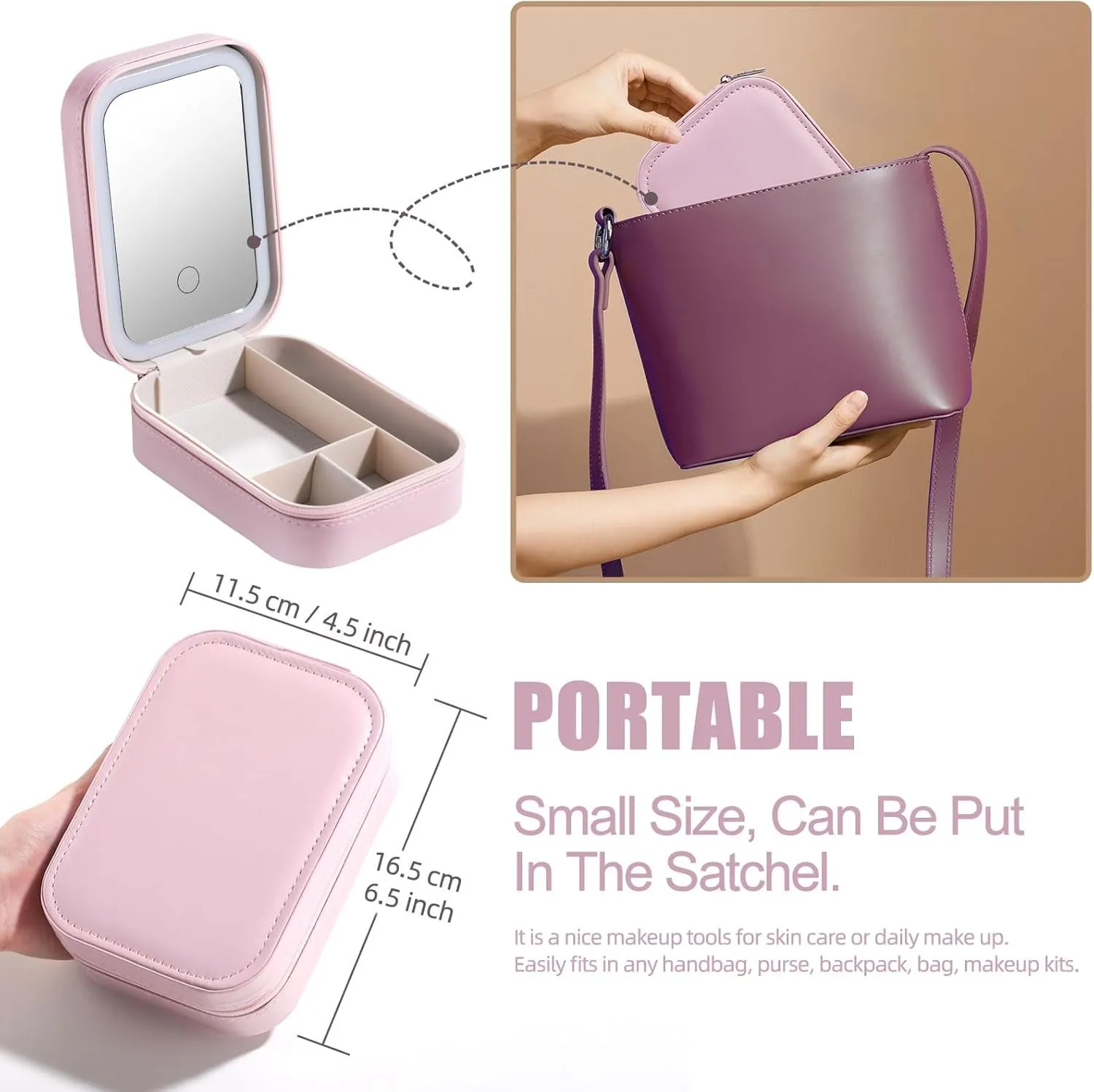 Travel Cosmetic Mirror Case LED Makeup Mirror Storage Case for Eyelash Station Makeup Brushes Cosmetic Tools Pink On-The-Go Makeup Needs (Pink)