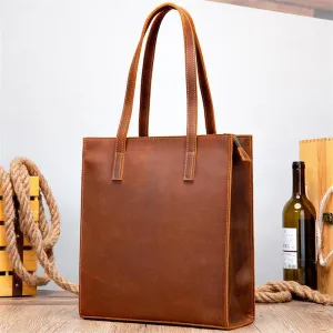 Vintage Crazy Horse Leather Solid Color Large Capacity Handbag