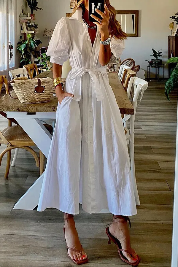 Vintage Pocketed Shirt Midi Dress