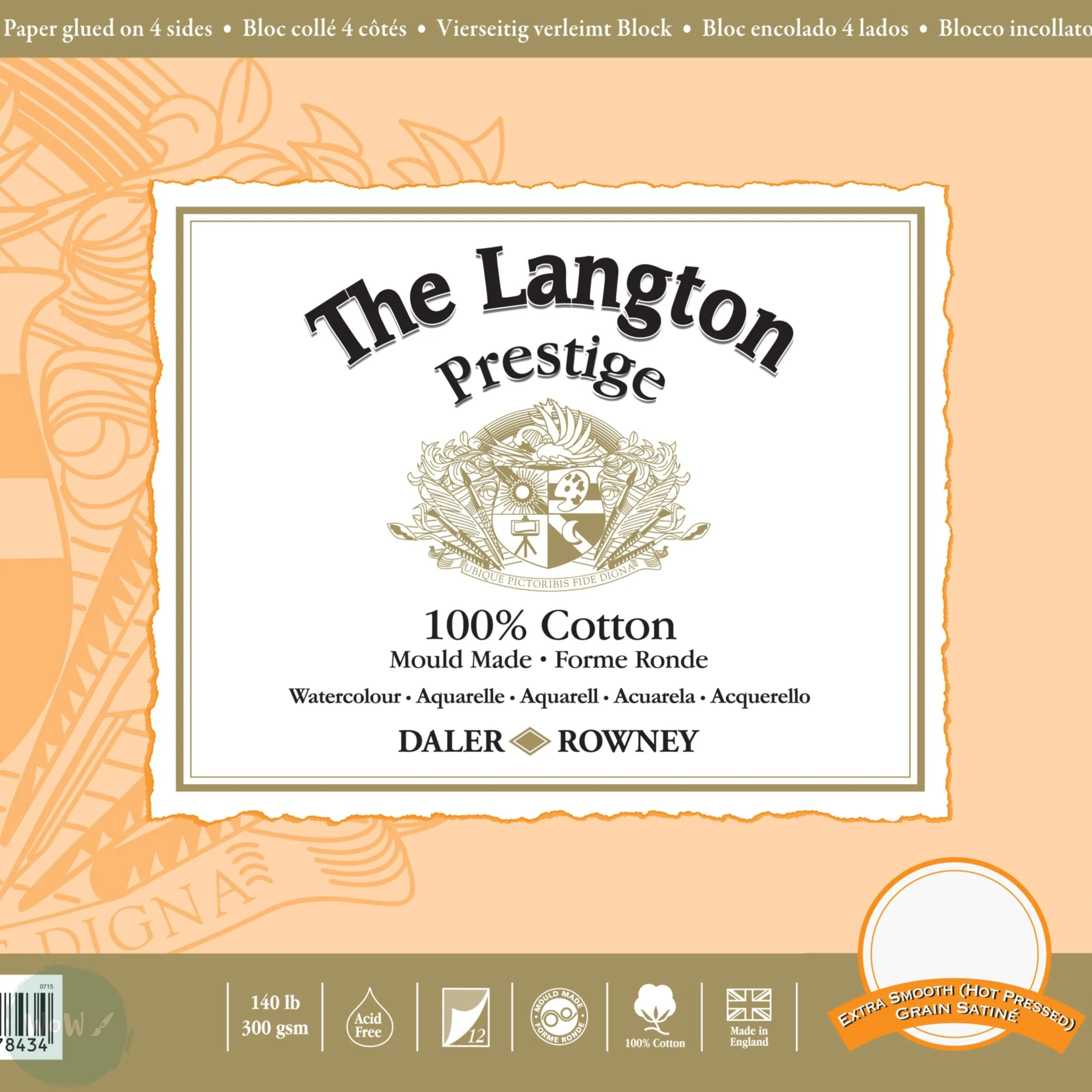 Watercolour Paper - BLOCK - Daler Rowney - Langton PRESTIGE - HOT PRESSED Surface - 14 x 10"