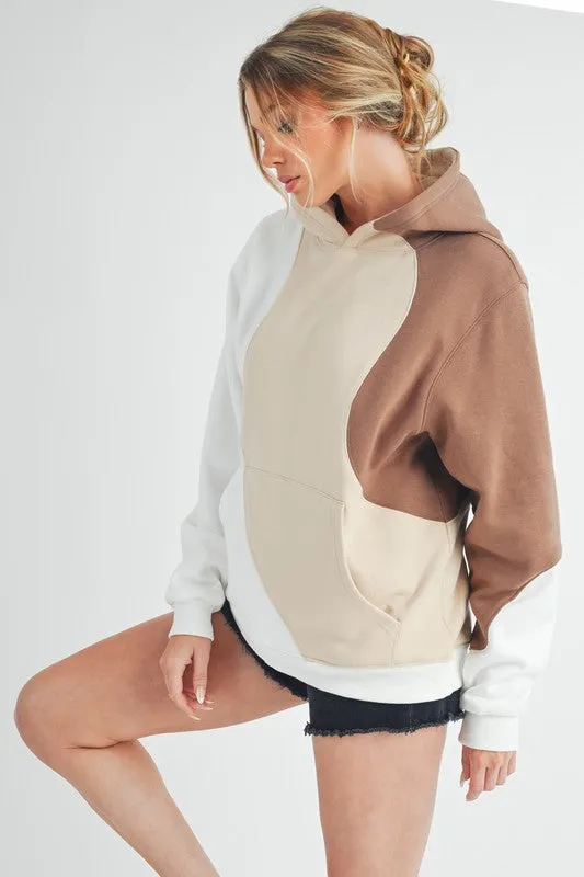 Wavey Days Color Block Hoodie with Kangaroo Pocket - Beiges