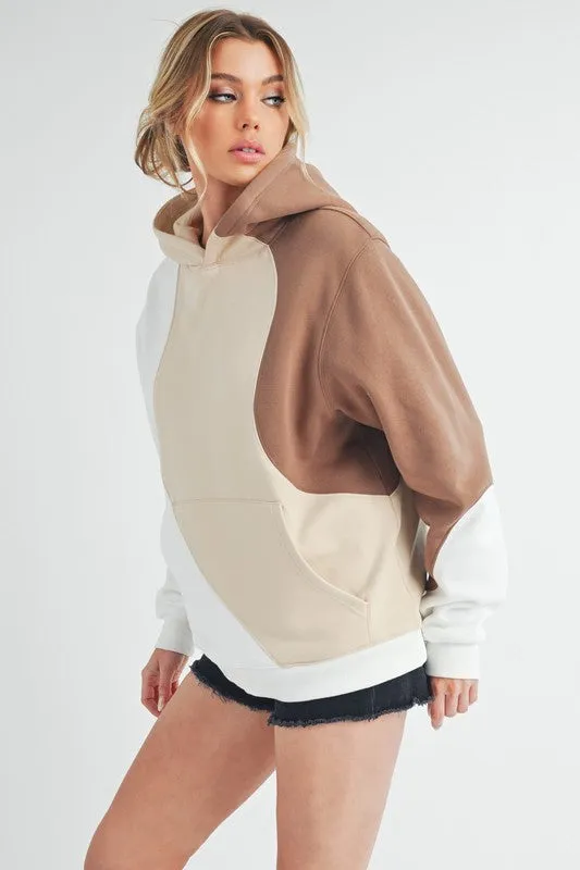 Wavey Days Color Block Hoodie with Kangaroo Pocket - Beiges