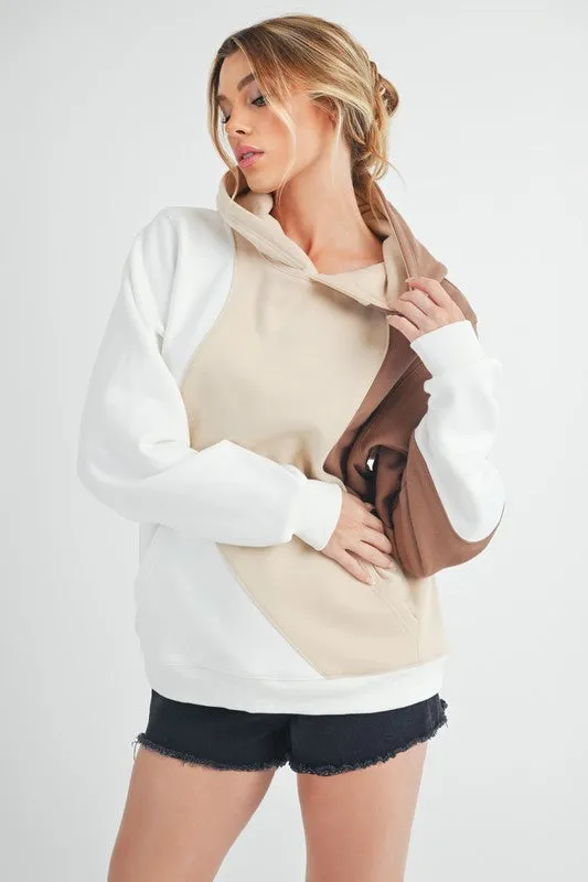 Wavey Days Color Block Hoodie with Kangaroo Pocket - Beiges