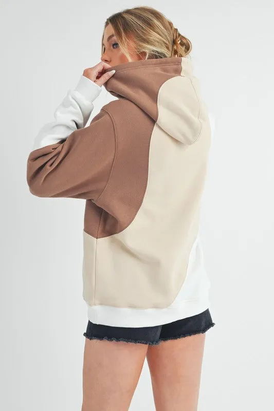 Wavey Days Color Block Hoodie with Kangaroo Pocket - Beiges