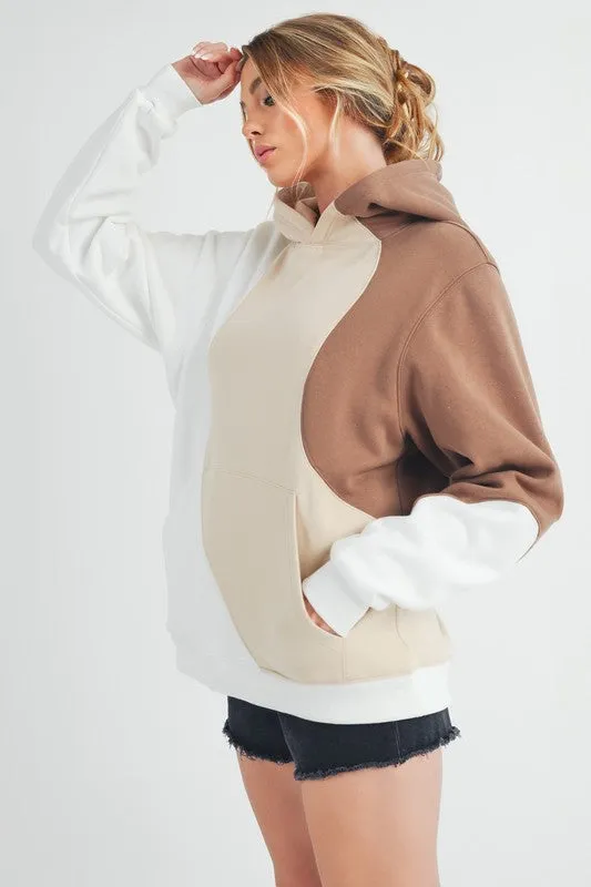 Wavey Days Color Block Hoodie with Kangaroo Pocket - Beiges