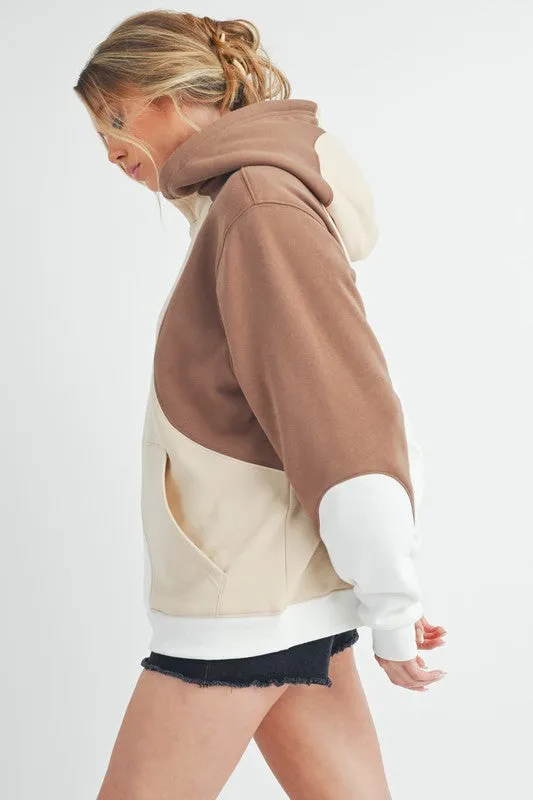 Wavey Days Color Block Hoodie with Kangaroo Pocket - Beiges
