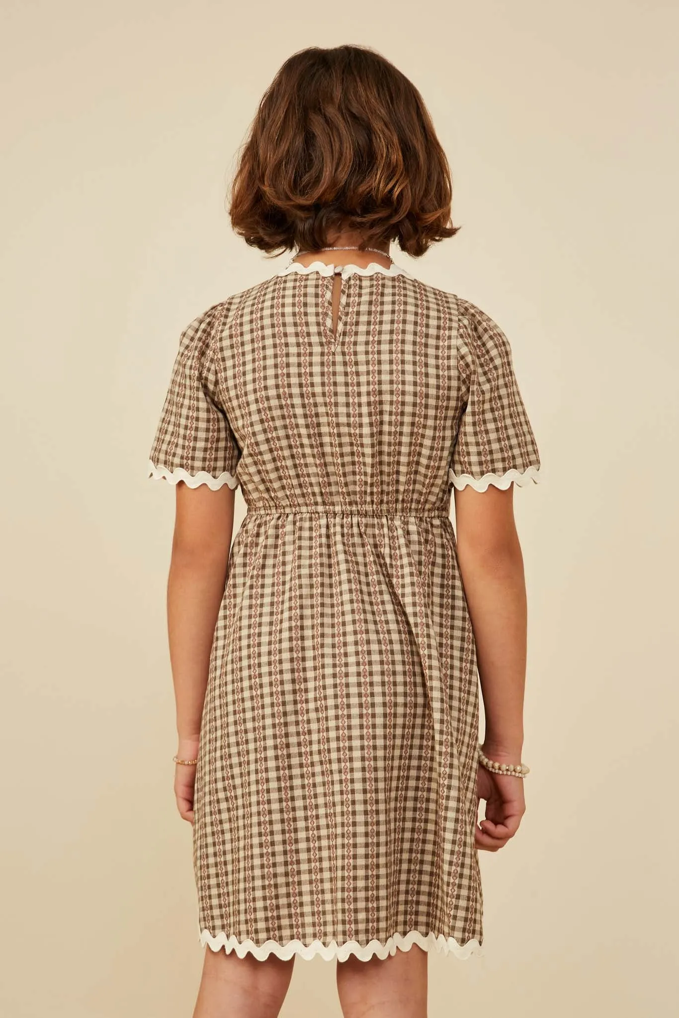 Wavy Twill Trimmed Pocketed Checkered Dress