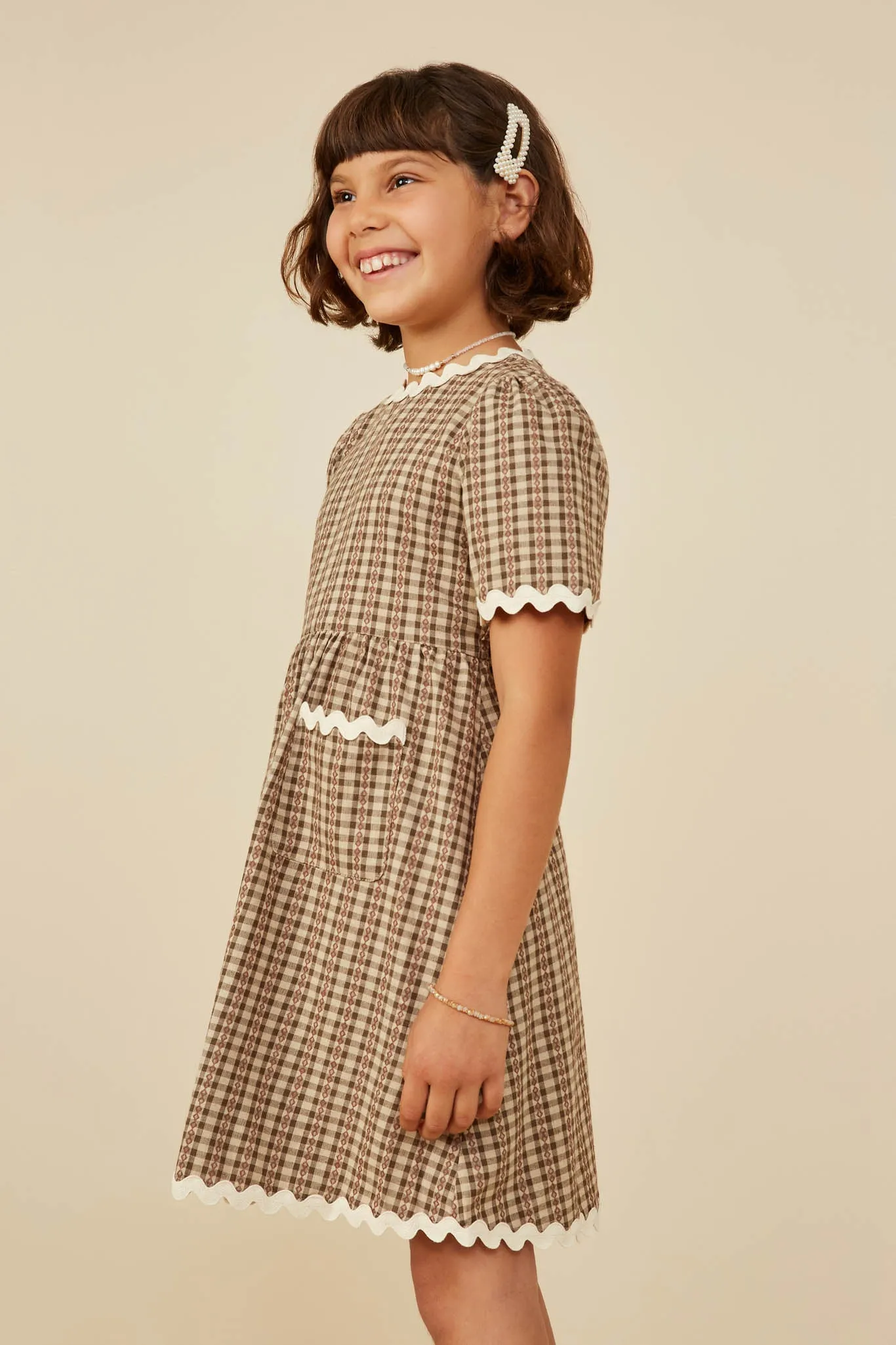 Wavy Twill Trimmed Pocketed Checkered Dress