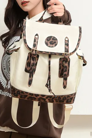 White Leopard Patchwork Flap PU Leather Large Backpack