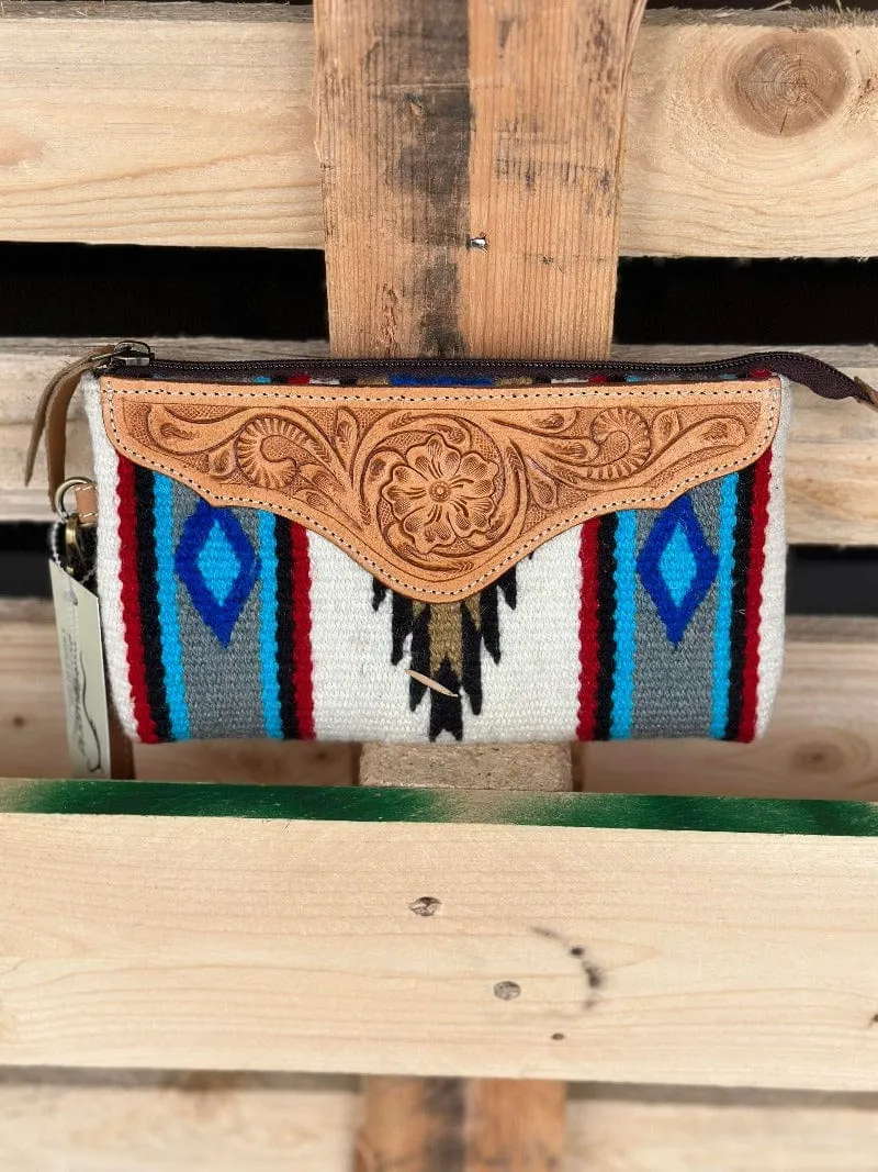 White Navajo Clutch with Tooled Leather (TSB41C)
