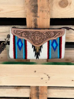 White Navajo Clutch with Tooled Leather (TSB41C)