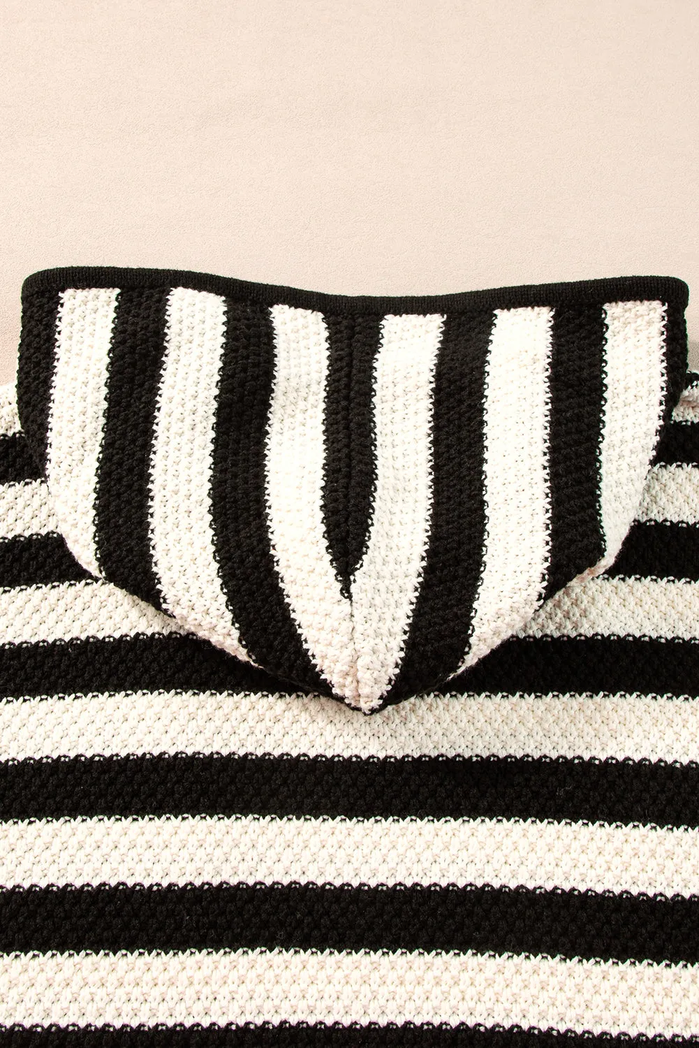 White Stripe V Neck Pocketed Drawstring Hooded Sweater