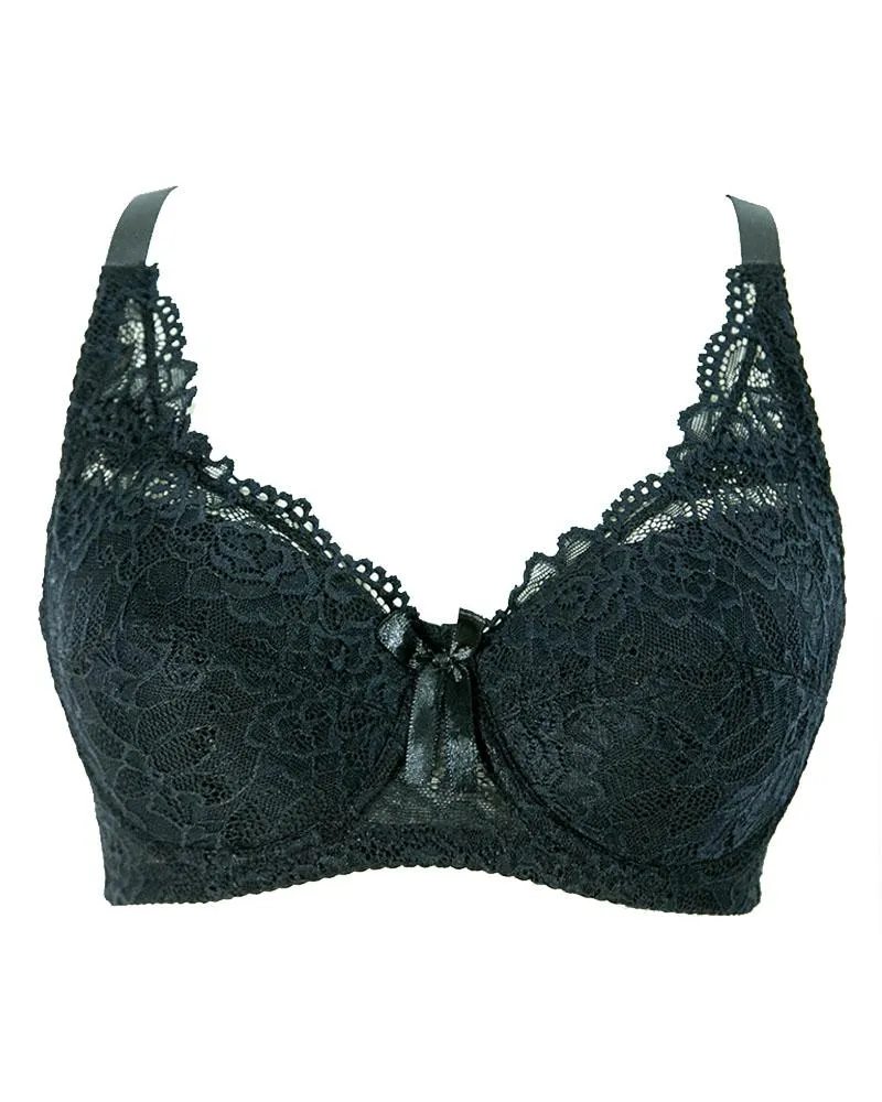 Women's Black Embroidered With Net Flourish Bra - Soft Padded Bra Underwired - FL37620