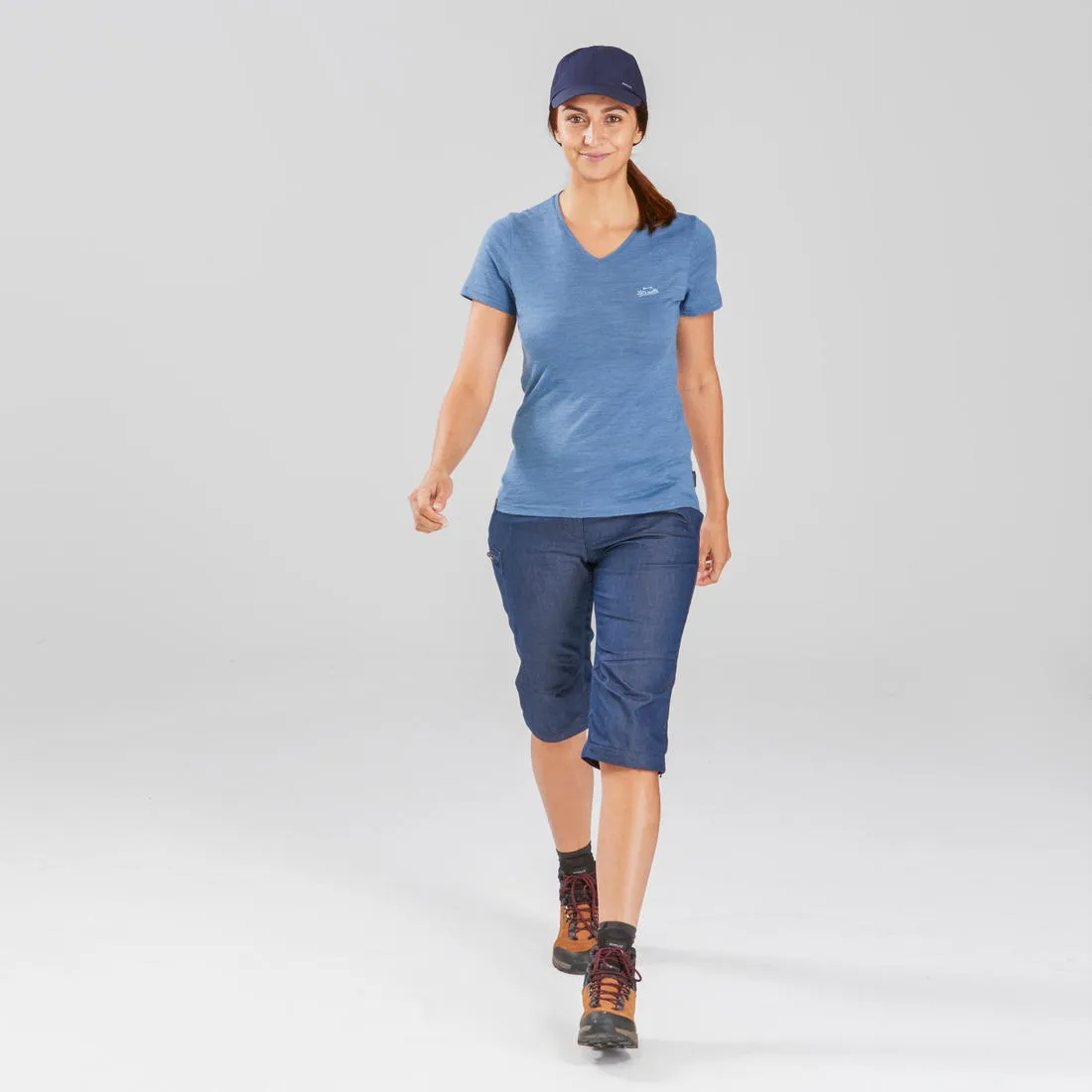 Women's travel trekking zip-Off trousers - TRAVEL 100 - blue denim