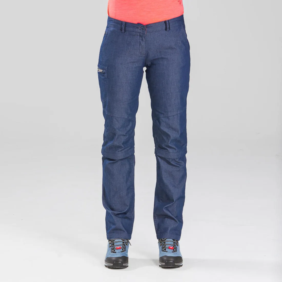 Women's travel trekking zip-Off trousers - TRAVEL 100 - blue denim