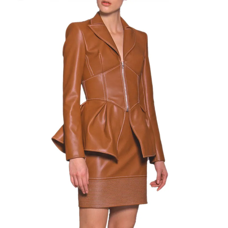 Zipper Design Dip Hem PU Coat